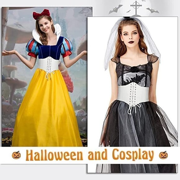 White leather elastic wide stretch belt corset top halloween cosplay costume NWT